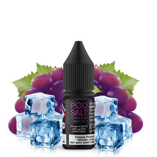 POD SALT Nikotinsalz Liquid 10 ml with grape and ice cubes, perfect for rich flavor and smooth vaping.