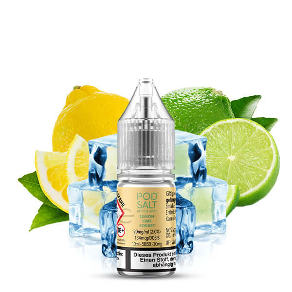 POD SALT XTRA Lemon Lime Sorbet Nikotinsalz Liquid 10 ml with lemons, limes, and ice cubes.