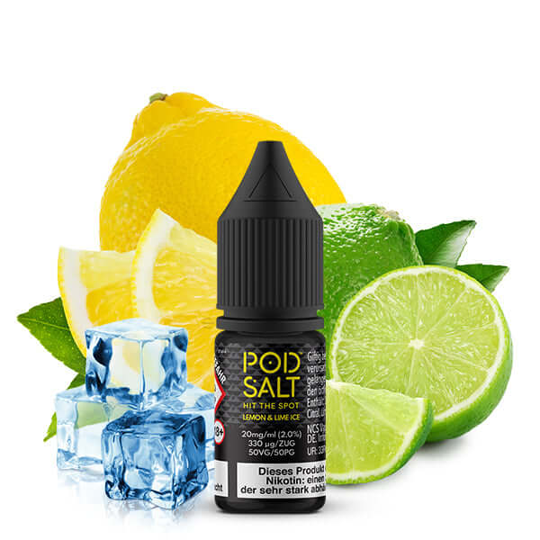 Pod Salt Hit the Spot Lemon & Lime 10ml e-liquid with ice cubes and citrus fruits for a refreshing vape experience.