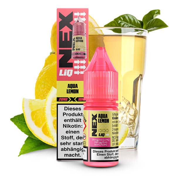 POD SALT NexLiq Nikotinsalz Liquid 10 ml Aqua Lemon flavor with lemon slices and a drink.