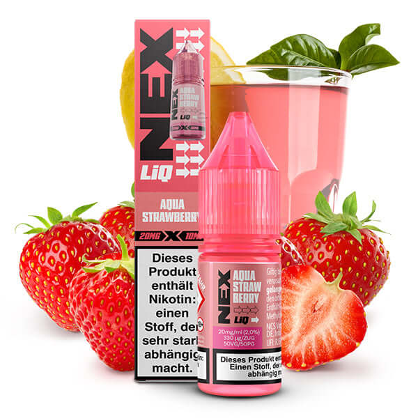 POD SALT NexLiq Nikotinsalz Liquid Aqua Strawberry 10 ml with strawberries and drink in background.
