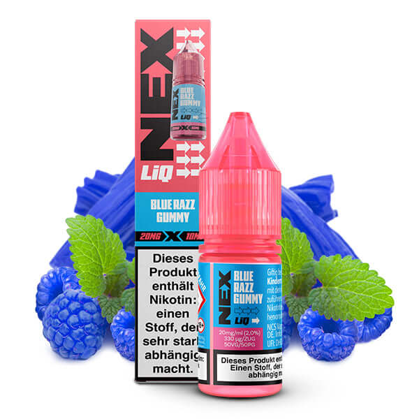 POD SALT NexLiq Blue Razz Gummy 10ml Nicotine Salt E-Liquid with vibrant blue colors and mint leaves.