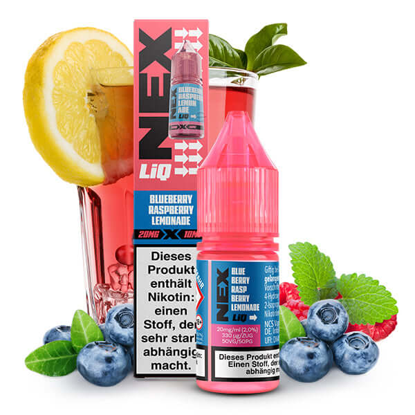 POD SALT NexLiq Nikotinsalz Liquid 10ml Blueberry Raspberry Lemonade flavor with blueberries and lemon.