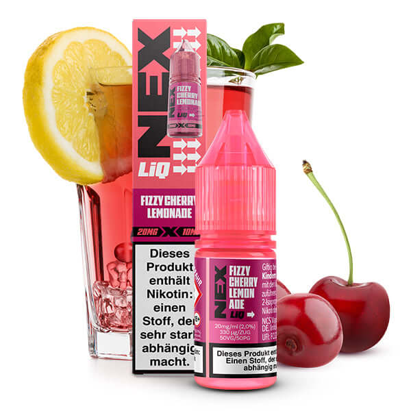 POD SALT NexLiq Fizzy Cherry Lemonade 10ml bottle next to a refreshing drink and cherries.