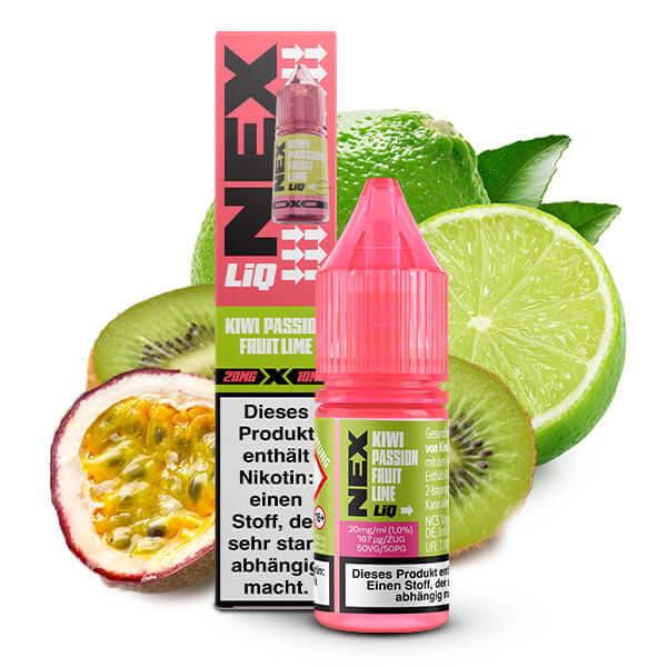 POD SALT NexLiq Kiwi Passion Fruit Lime 10ml e-liquid bottle with vibrant fruits in the background.