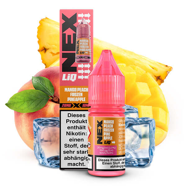 POD SALT NexLiq 10 ml Nikotinsalz Liquid Mango Peach Pineapple with ice cubes and tropical fruits