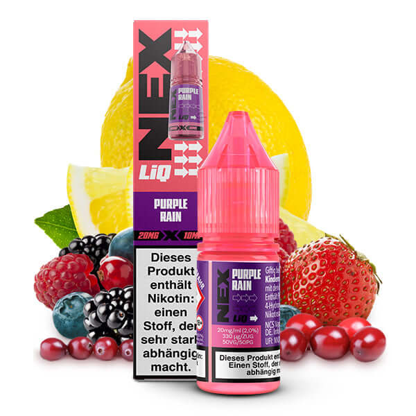 POD SALT NexLiq Purple Rain 10ml liquid bottle with mixed fruits like berries and lemon, perfect for an enhanced vaping experience.