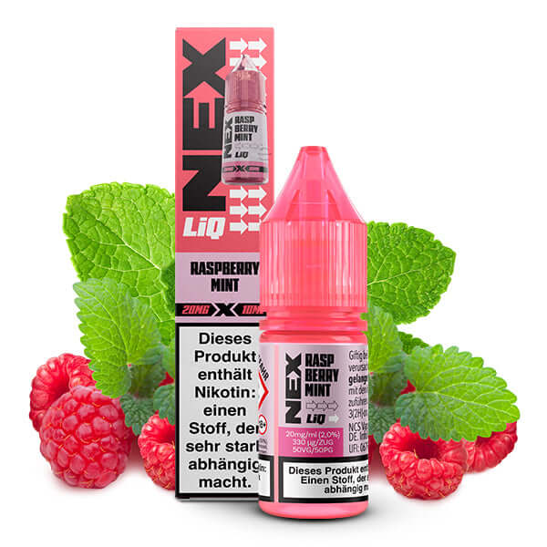 POD SALT NexLiq Nikotinsalz Liquid Raspberry Mint 10 ml bottle with mint leaves and raspberries.