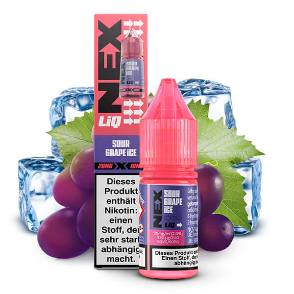 POD SALT NexLiq Sour Grape Ice Nikotinsalz Liquid 10 ml with ice cubes and grapes background.