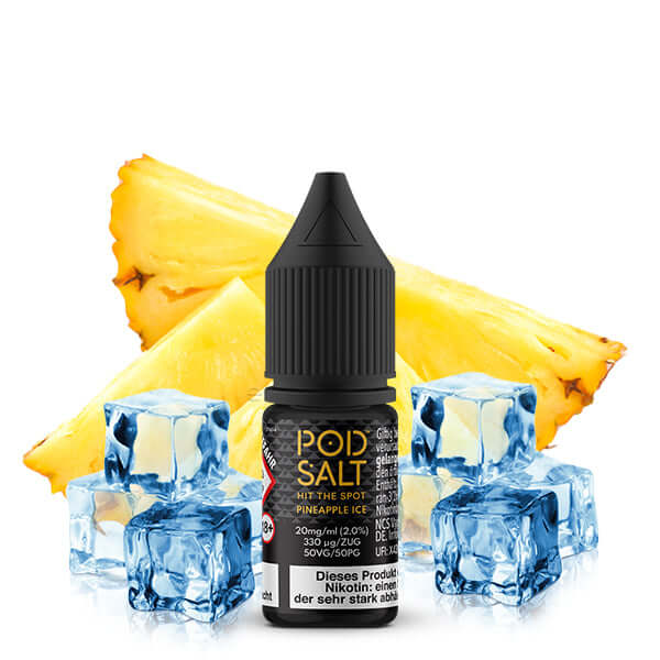 Pod Salt Nikotinsalz Liquid mit Ananas und Eiswürfeln für erfrischendes Dampfen.