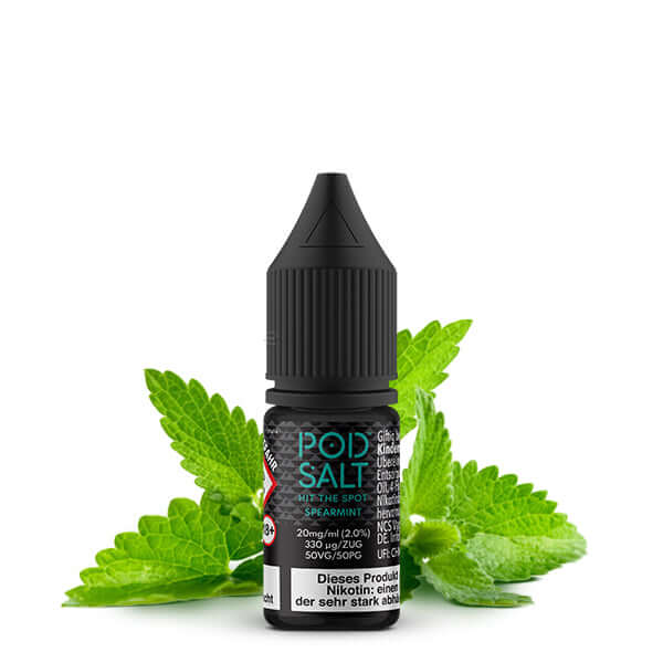 POD SALT Nikotinsalz Liquid in einer 10 ml Flasche mit Minzblättern für ein erfrischendes Dampferlebnis.