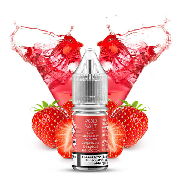 POD SALT XTRA Sweet Strawberry Lemonade Nikotinsalz Liquid 10 ml with fresh strawberries and splash effect.