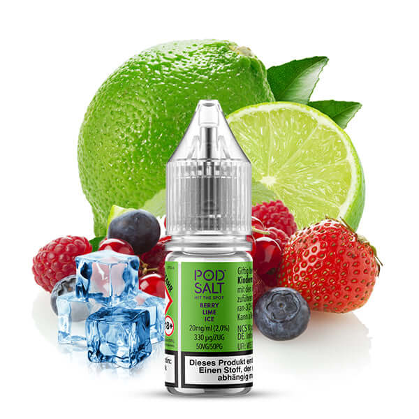 POD SALT XTRA Berry Lime Ice Nikotinsalz Liquid with berries, lime, and ice cubes, offering refreshing flavor.