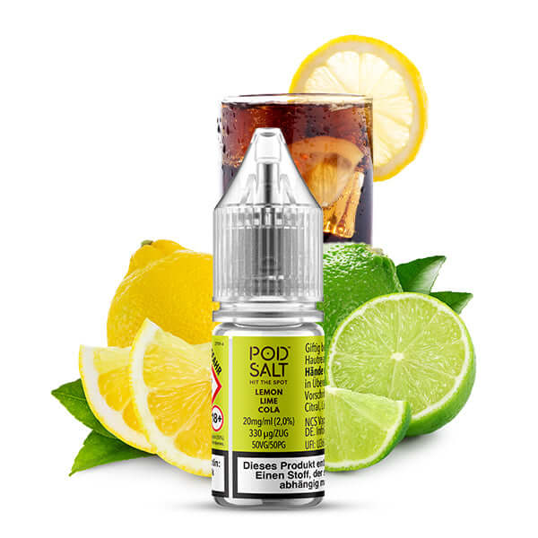 POD SALT XTRA Lemon Lime Cola Nikotinsalz Liquid bottle with lemon and lime slices and cola drink in background.