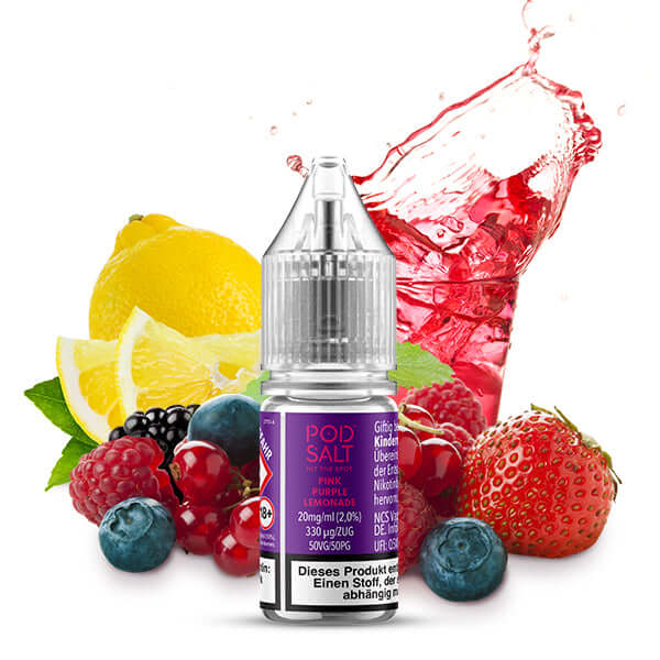 POD SALT XTRA Pink Purple Lemonade Nikotinsalz Liquid in a 10ml bottle with colorful fruit background.