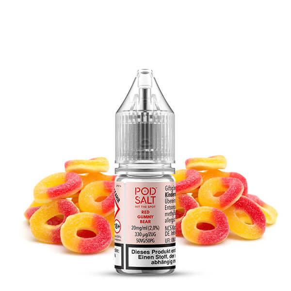 POD SALT XTRA Red Gummy Bear Nikotinsalz Liquid bottle with colorful gummy candies in the background