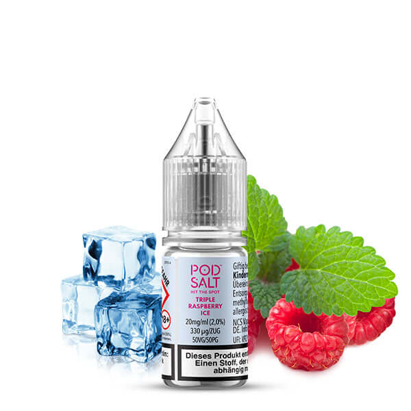 POD SALT XTRA Triple Raspberry Ice Nikotinsalz Liquid with ice cubes and fresh raspberries for a refreshing vaping experience.