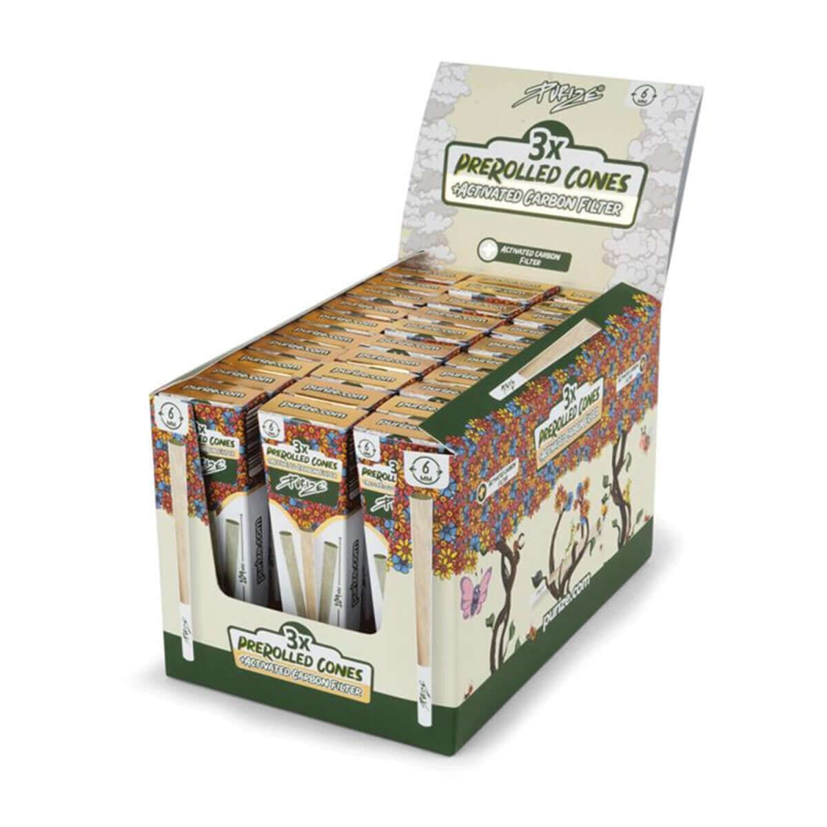PURIZE® PreRolled Cones XTRA Slim display box with 3 ready-to-fill cones and activated carbon filter.