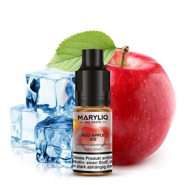 MARYLIQ Red Apple Ice Nikotinsalz Liquid with red apple and ice cubes for a refreshing vape experience.