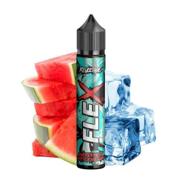FLEX Aromawasser mit Wassermelonenstücken und Eiswürfeln von Revoltage, erfrischender Summer Geschmack.