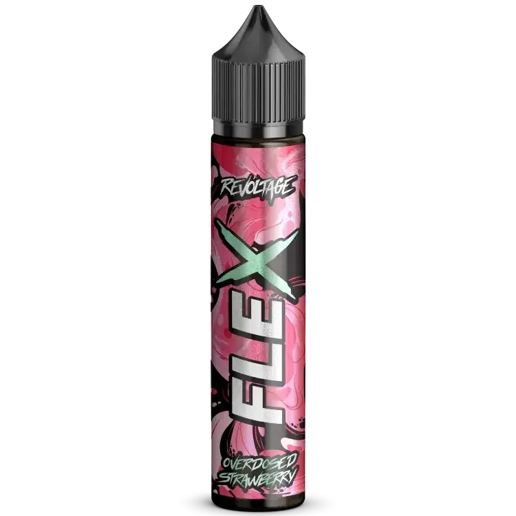 Revoltage FLEX Overdosed Strawberry Aroma bottle showcasing vibrant design and 10 ml flavor for intense strawberry taste.