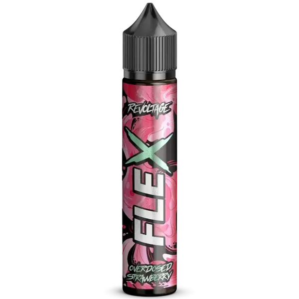Revoltage FLEX Overdosed Strawberry Aroma bottle showcasing vibrant design and 10 ml flavor for intense strawberry taste.