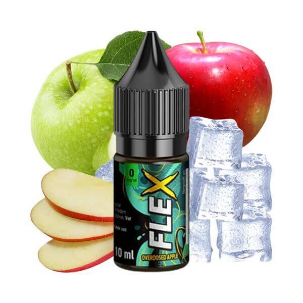 Revoltage Flex Overdosed Apple Liquid with fresh apples and ice cubes, perfect for quick vaping enjoyment.