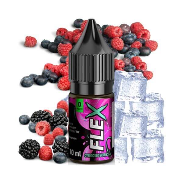 Revoltage Flex Overdosed Berries E-Liquid bottle surrounded by assorted berries and ice cubes.