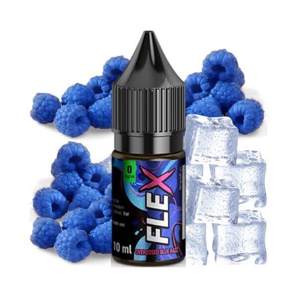 Revoltage Flex Overdosed Blue Razz E-Liquid with blue raspberries and ice cubes, 10 ml bottle for vaping.