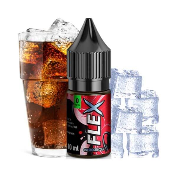 Revoltage Flex Overdosed Cola e-liquid with a glass of cola and ice cubes, perfect for instant vaping.