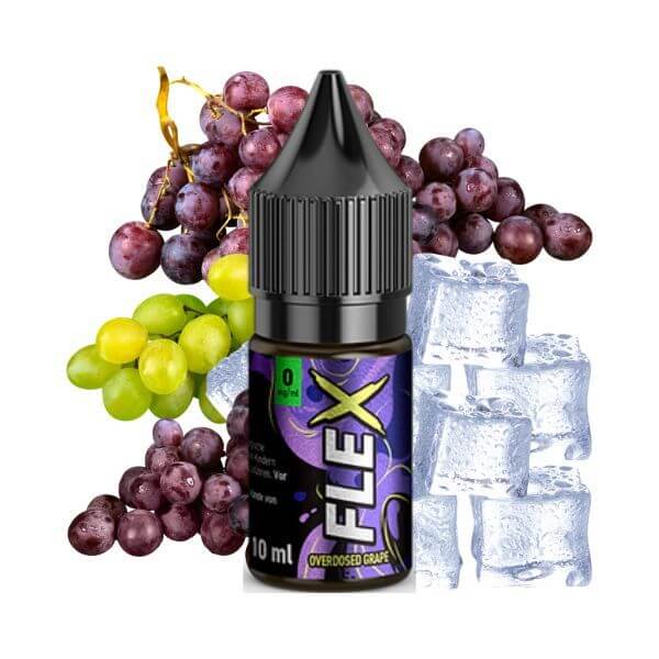 Revoltage Flex Overdosed Grape E-Liquid with grapes and ice cubes, 10ml bottle for easy vaping.