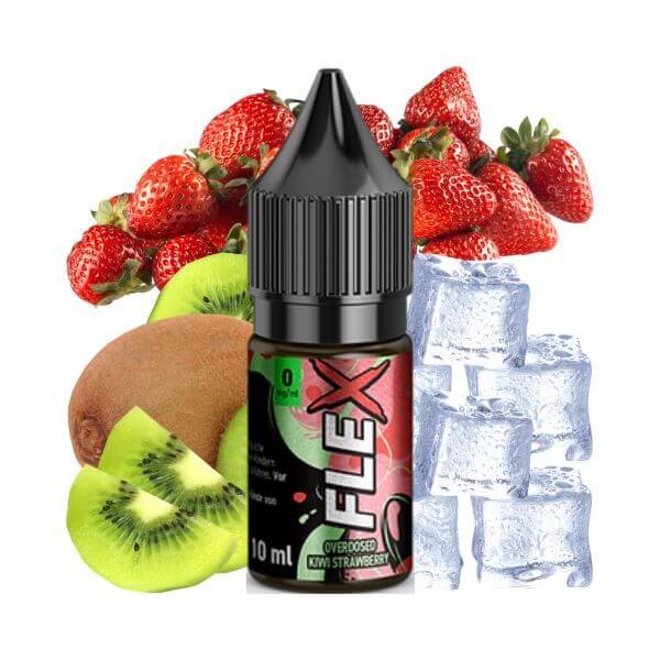 Revoltage Flex Overdosed Kiwi Strawberry E-Liquid with kiwi, strawberries, and ice cubes, 10ml bottle.