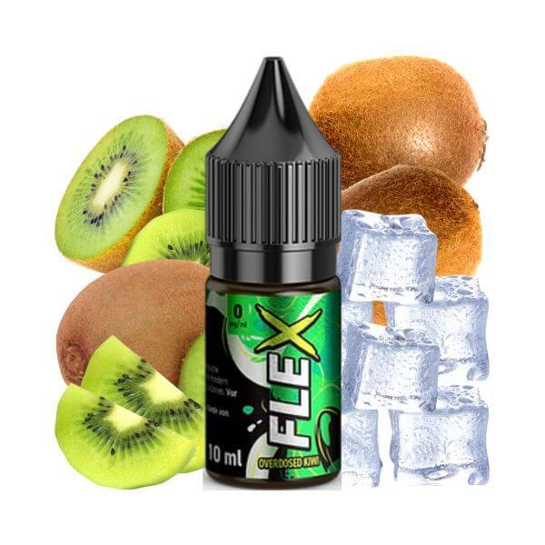 Revoltage Flex Overdosed Kiwi E-Liquid 10ml bottle with fresh kiwis and ice cubes in the background.