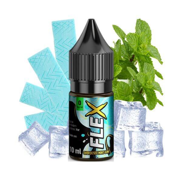Revoltage Flex Overdosed Mint Gum E-Liquid with mint leaves, ice cubes, and mint gum pieces.