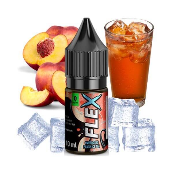 Revoltage Flex Overdosed Peach Ice Tea E-Liquid with peaches, iced tea, and ice cubes.