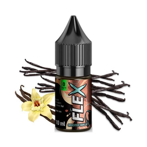 Revoltage Flex Overdosed Vanilla E-Liquid 10ml bottle with vanilla pods and flower.