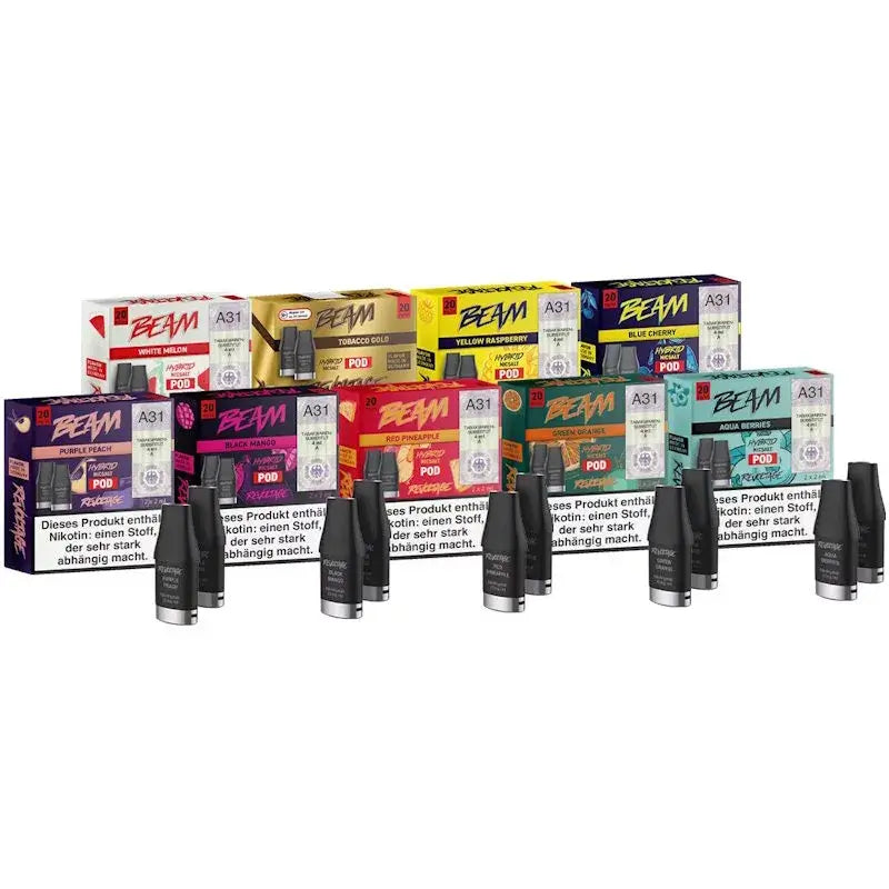 Revoltage Beam Dual Pod Pack with various flavors and nicotine strengths displayed on a shelf.