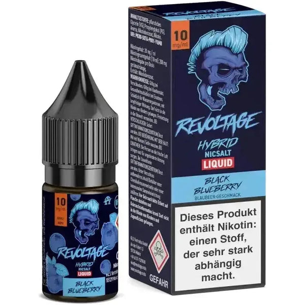 Revoltage Black Blueberry Hybrid Nikotinsalz Liquid 10 ml bottle and packaging, showcasing dark berry flavor.