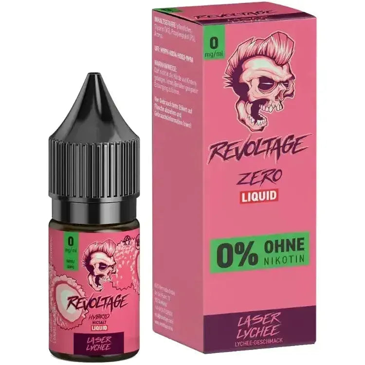 Revoltage Laser Lychee Hybrid Nikotinsalz Liquid 10 ml bottle and box design, 0 mg/ml nicotine.