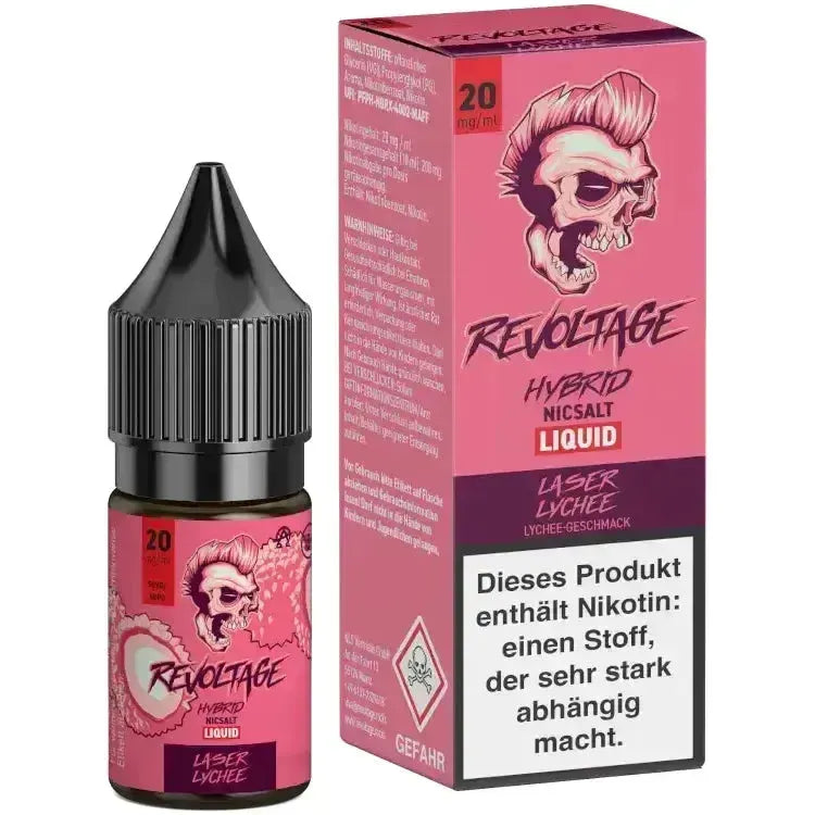 Revoltage Laser Lychee Hybrid Nikotinsalz Liquid 10ml vape juice bottle with pink packaging.
