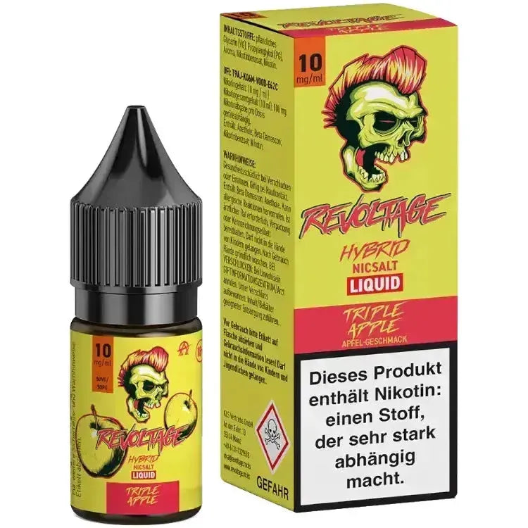 Revoltage Triple Apple Hybrid Nikotinsalz Liquid 10ml bottle and packaging featuring bright artwork and apple flavor description.