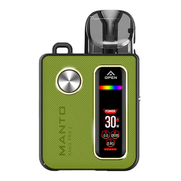Rincoe Manto Nano Pro 2 Pod Kit in green, showcasing its sleek design and digital display for vaping.
