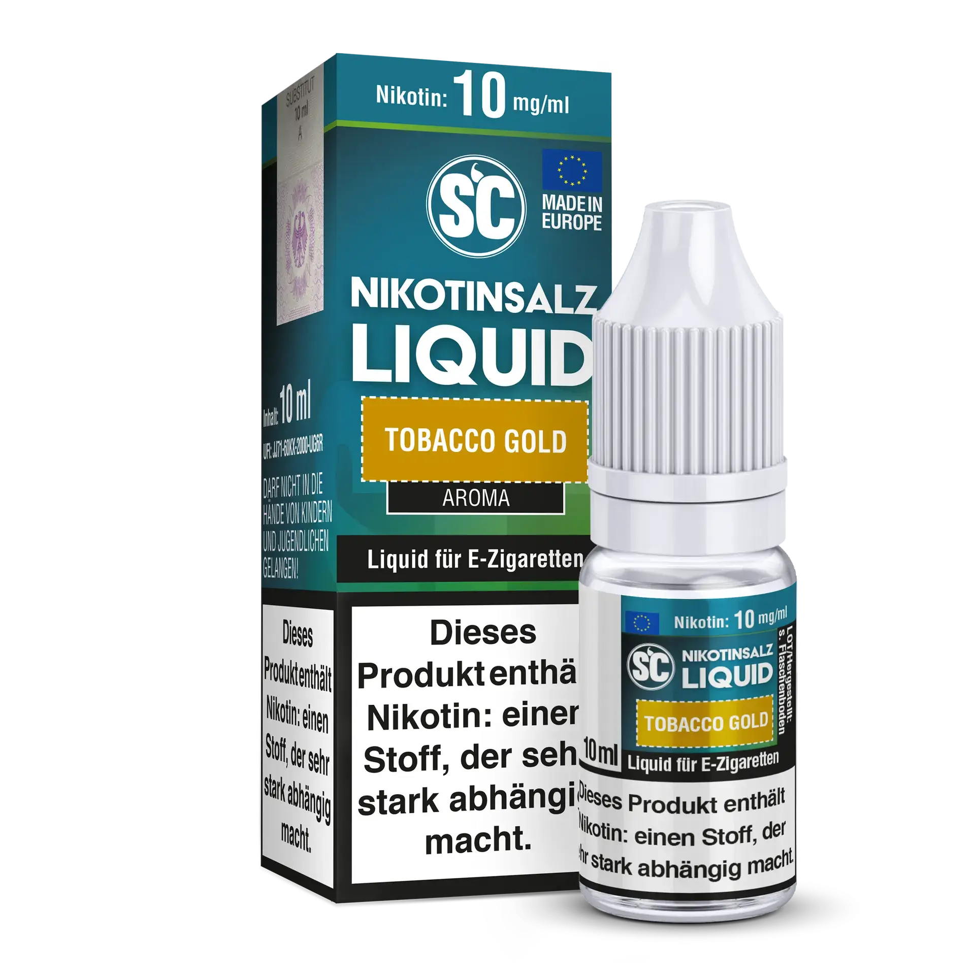 SC Tobacco Gold Nikotinsalz Liquid 10 ml, für E-Zigarette, authentisches Tabakaroma, 10 mg/ml Nikotin