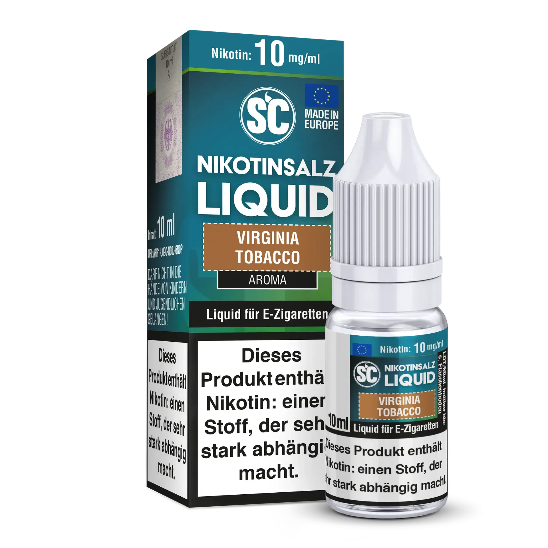 SC Virginia Tobacco Nikotinsalz Liquid 10ml bottle and packaging featuring classic tobacco flavor for e-cigarettes.