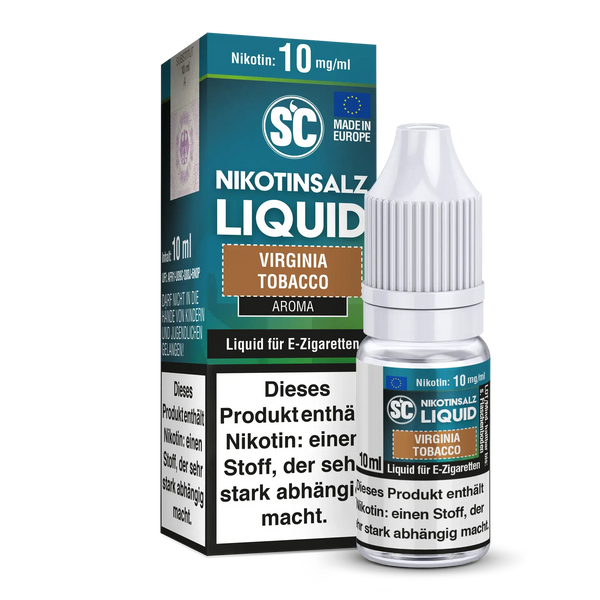 SC Virginia Tobacco Nikotinsalz Liquid 10ml bottle and packaging featuring classic tobacco flavor for e-cigarettes.