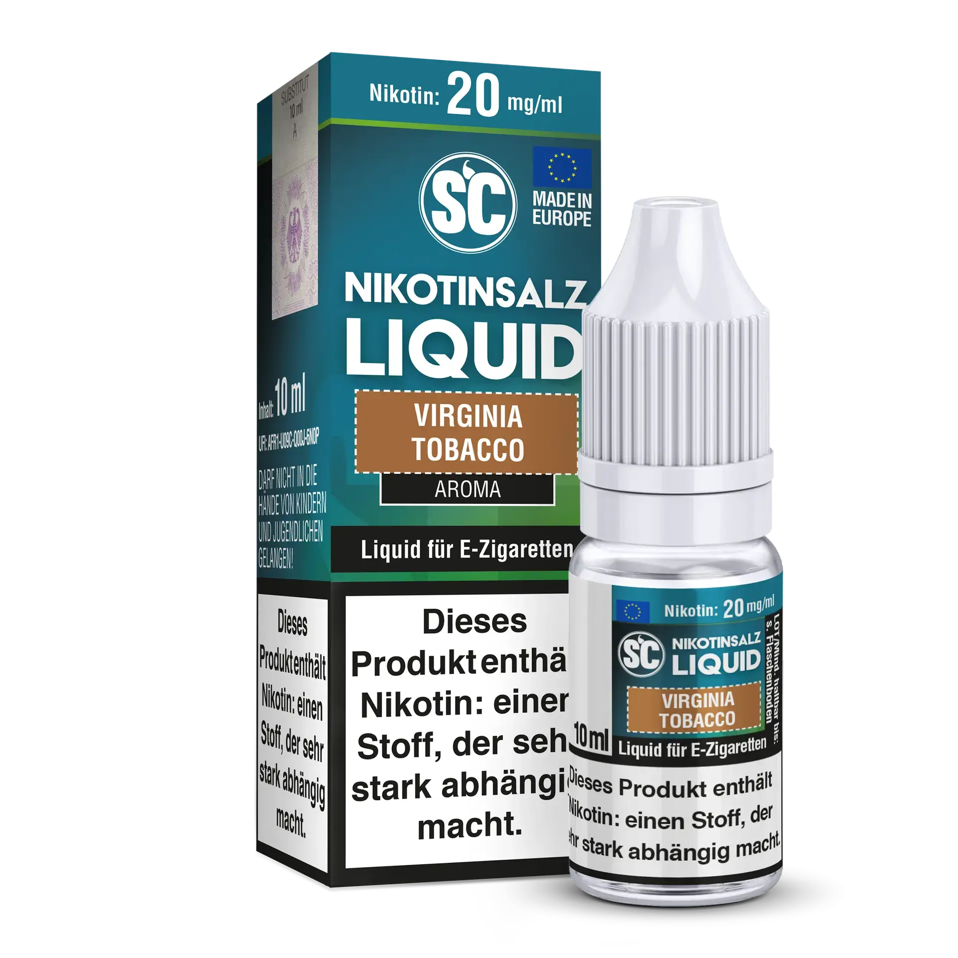 SC Virginia Tobacco Nikotinsalz Liquid 10ml with 20mg/ml Nicotine for E-cigarettes, flavorful tobacco aroma.