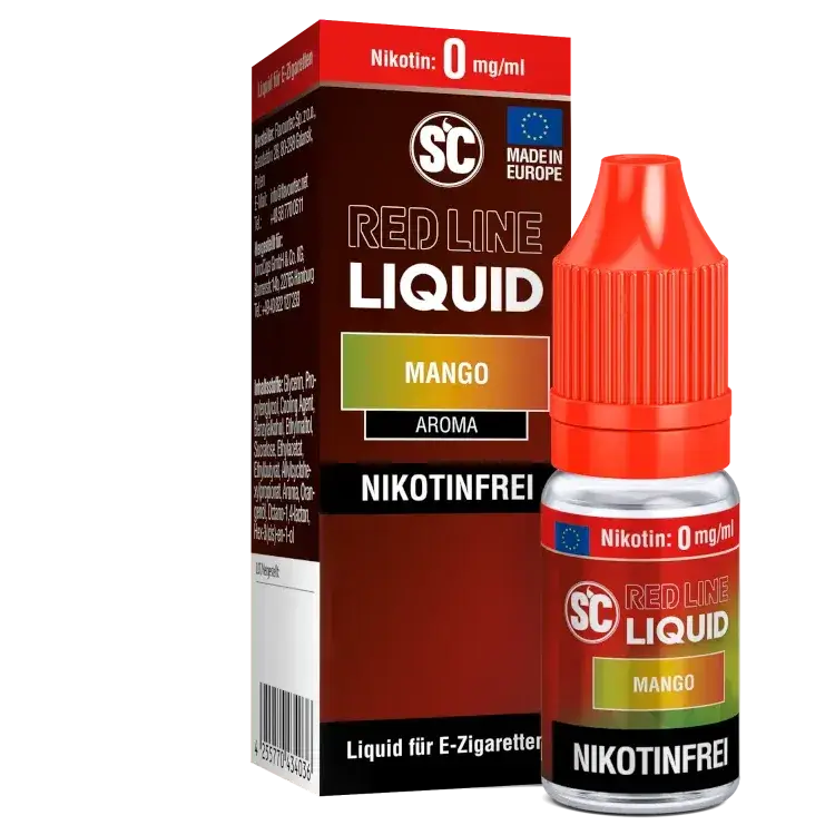 SC Red Line Mango Nikotinsalz Liquid bottle and packaging, fruit flavor, nicotine-free, European product.