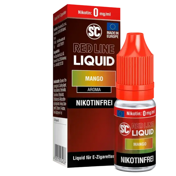 SC Red Line Mango Nikotinsalz Liquid bottle and packaging, fruit flavor, nicotine-free, European product.