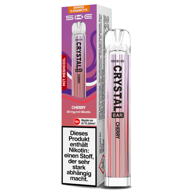 SKE Crystal Bar Einweg-E-Zigarette in Cherry Geschmacksrichtung, 20 mg/ml Nikotin.
