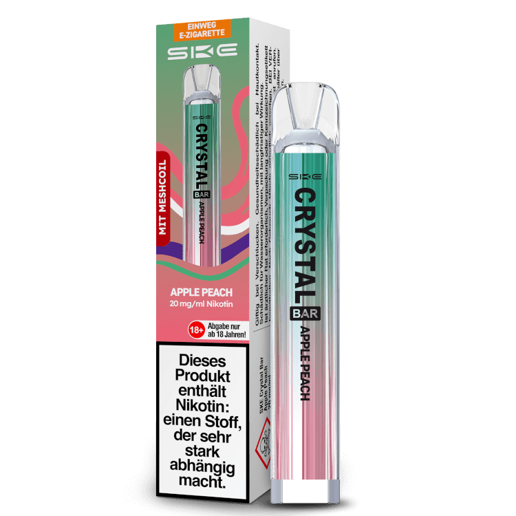 SKE Crystal Bar Einweg E-Zigarette in Geschmacksrichtung Apple Peach, 20 mg/ml Nikotin, sofort einsatzbereit.